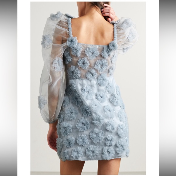NWT LOVESHACKFANCY Wells appliquéd organza mini dress in blue size 4 - Picture 3 of 12